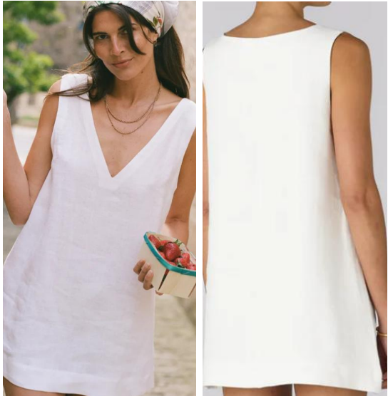 Woman wearing a casual white sleeveless V-neck summer shift dress with a relaxed flowy fit, holding a small basket.