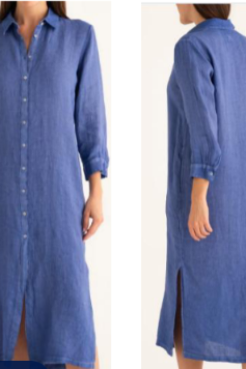 Premium 100% Pure Linen Blue Shirt Dress for Women | Long Sleeve Midi Dress