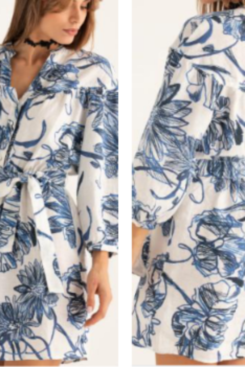 Blue & White Floral Shirt Dress for Women | Long Sleeve Mini Dress with Tie Belt
