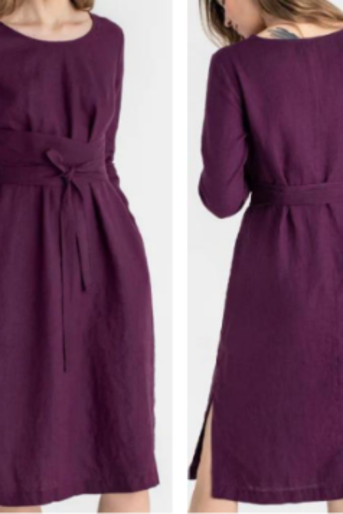 Premium 100% Pure Linen Plum Midi Dress for Women | A-Line Shirt Dress with Tie Waist