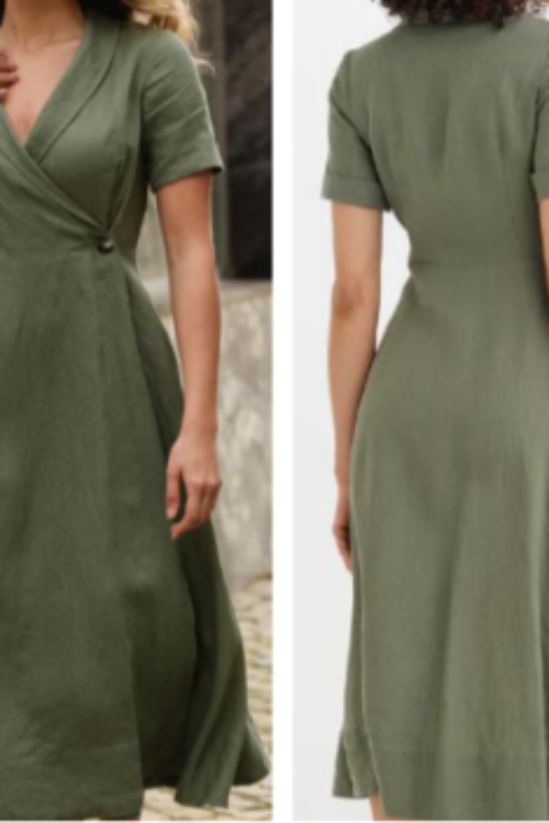 Premium 100% Pure Linen Olive Green Midi Dress | V-Neck A-Line Dress with Short Sleeves