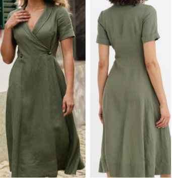 Front and back view of a woman wearing a solid olive green 100% pure linen midi dress with a wrap V-neckline and short sleeves.