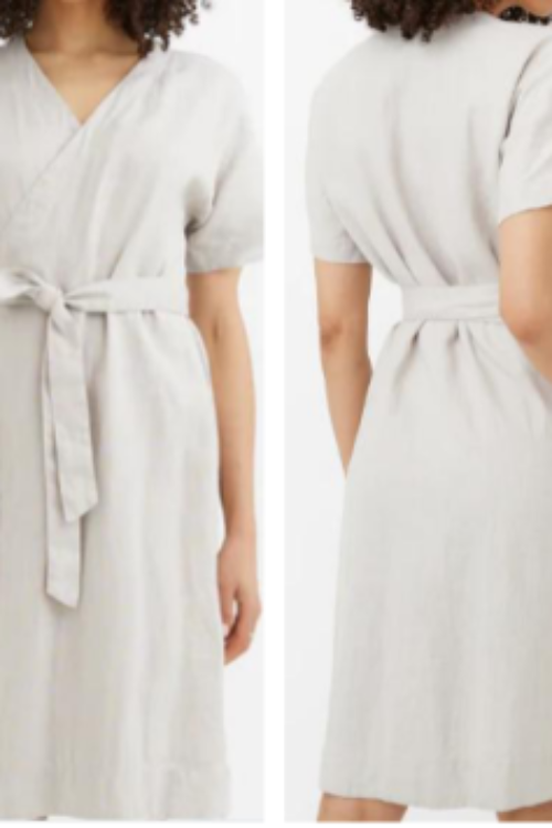 Premium 100% Pure Linen Beige Wrap Midi Dress | V-Neck Dress with Tie Waist