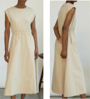 Product listing image showing the front and back details of a solid cream 100% pure linen sleeveless midi-length dress.