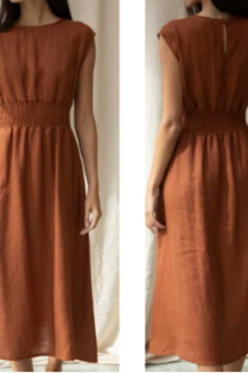 Premium 100% Pure Linen Rust Midi Dress for Women | Sleeveless A-Line Terracotta Dress