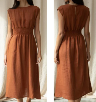 Front and back view of a woman wearing a solid rust terracotta 100% pure linen sleeveless midi dress with a gathered waist.