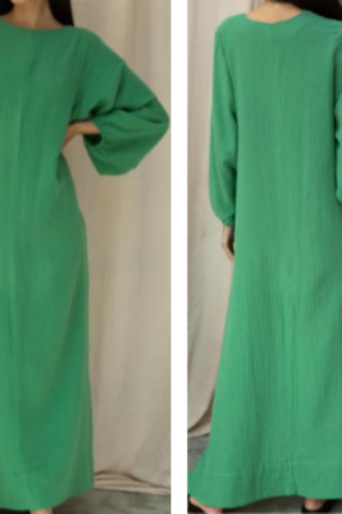 Premium 100% Pure Linen Emerald Green Midi Dress | Long Sleeve A-Line Summer Dress