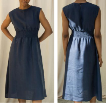 Front and back view of a woman wearing a solid midnight navy blue 100% pure linen sleeveless midi dress with a gathered waistline.