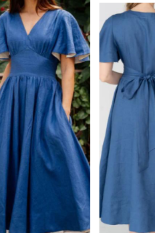 Premium 100% Pure Linen Deep Blue Maxi Dress | V-Neck Flutter Sleeve Dress with Tie Waist