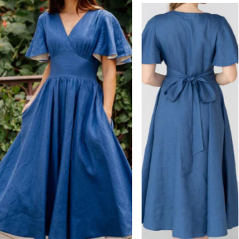 Front and back view of a woman wearing a solid deep blue 100% pure linen maxi dress with a V-neckline, flutter sleeves, and a back waist tie bow.