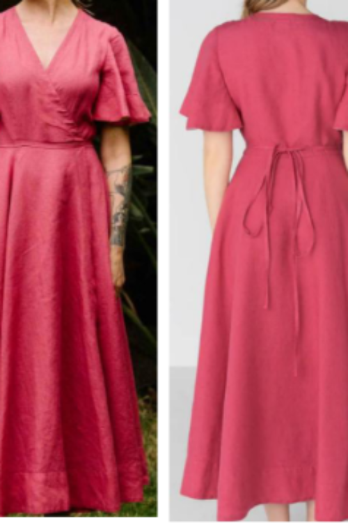 Premium 100% Pure Linen Rose Pink Maxi Dress | V-Neck Flutter Sleeve Dress with Tie Waist