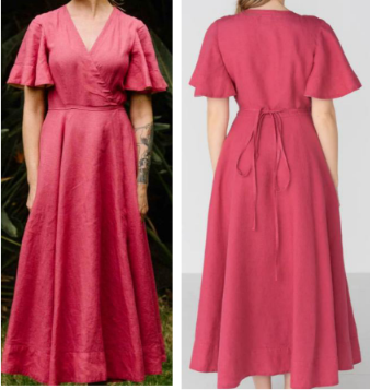 Front and back view of a woman wearing a solid rose pink 100% pure linen maxi dress with a V-neckline, flutter sleeves, and a back waist tie bow.