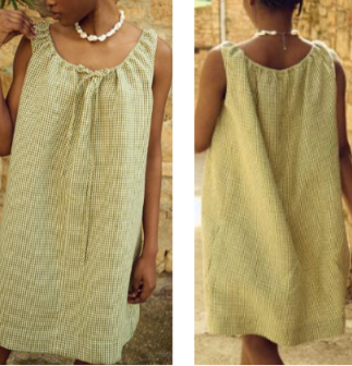 Front and back view of a woman wearing a light sage green 100% pure linen sleeveless midi dress with a gathered neckline.