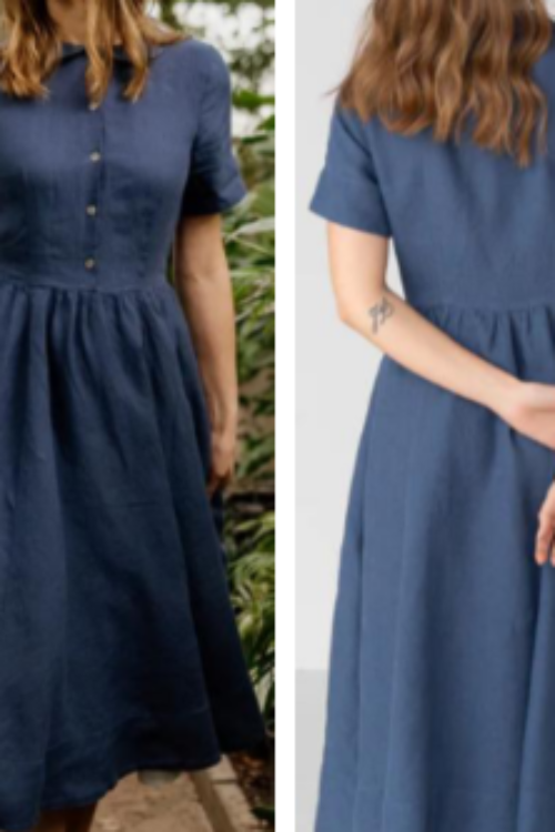 Luxury 100% Pure Linen Blue Dress | Elegant A-Line Midi Shirt Dress