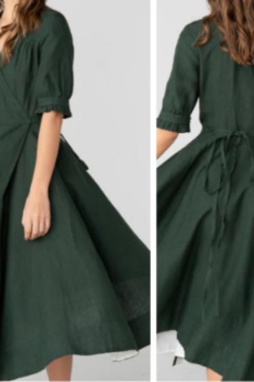Forest Green 100% Pure Linen Midi Dress | Whimsical Wrap Dress with Puff Sleeves