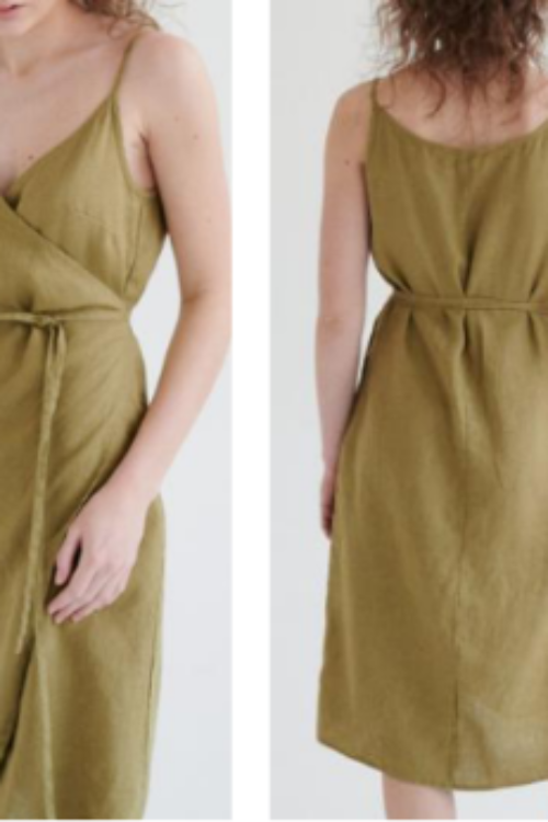 Premium 100% Pure Linen Khaki Wrap Dress | Elegant Olive Brown Midi Dress