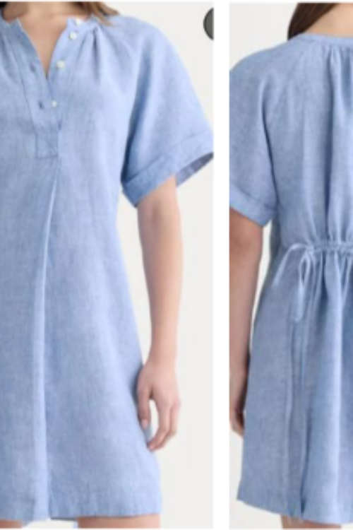 Premium 100% Pure Linen Light Blue Dress | Short Sleeve Midi Shirt Dress