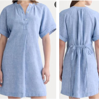 Front and back view of a woman showcasing a solid light denim blue 100% pure linen short sleeve midi shirt dress with a button-front and a back waist tie bow.