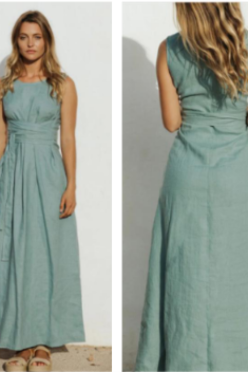 Premium 100% Pure Linen Sage Green Dress | Sleeveless A-Line Maxi Sun Dress