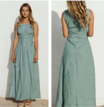 Front and back view of a woman wearing a solid sage green 100% pure linen sleeveless maxi dress with a cross-waist design.