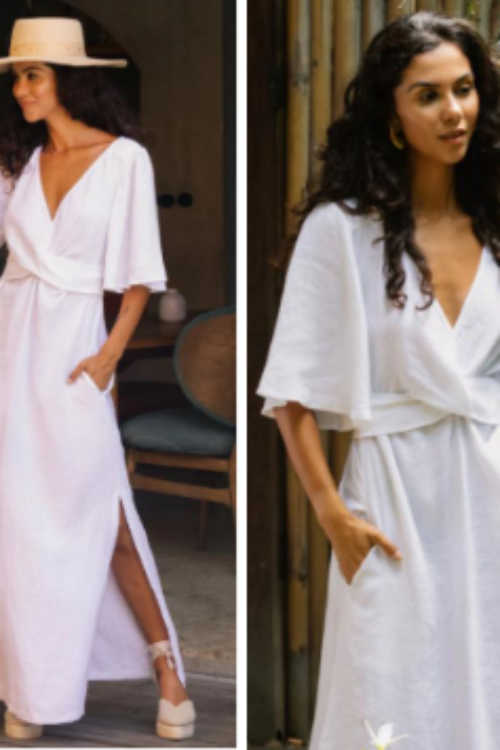 Luxury 100% Pure Linen White Dress | Elegant Flutter Sleeve Maxi Dress