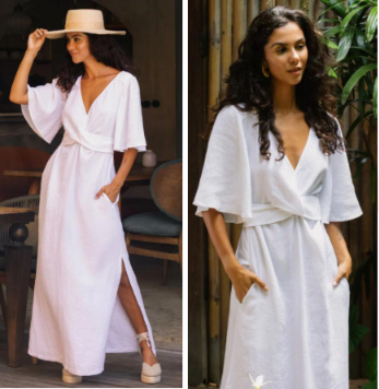 Front and back view of a woman showcasing a solid white 100% pure linen flutter sleeve maxi dress with a wrap V-neckline and a front leg slit.