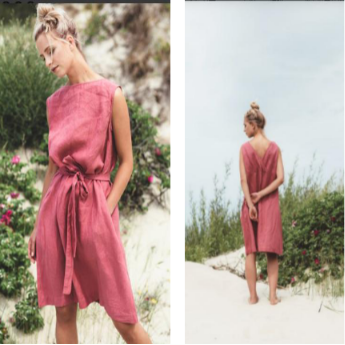 Front and back view of a woman wearing a solid dark rose pink 100% pure linen sleeveless midi dress with a waist tie-belt.