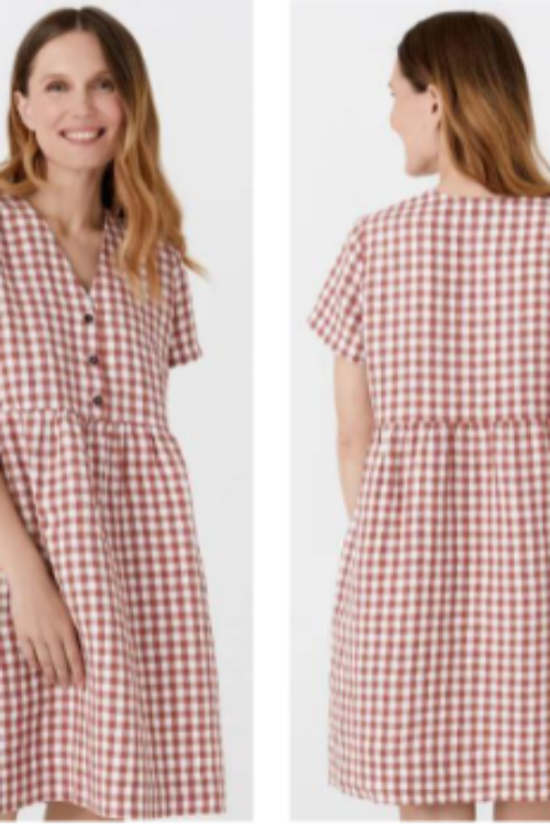 Pink Gingham 100% Pure Linen Dress | Short Sleeve Tiered Midi Dress