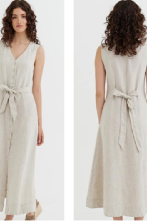 Luxury 100% Pure Linen Beige Dress | Sleeveless Button Maxi Sun Dress