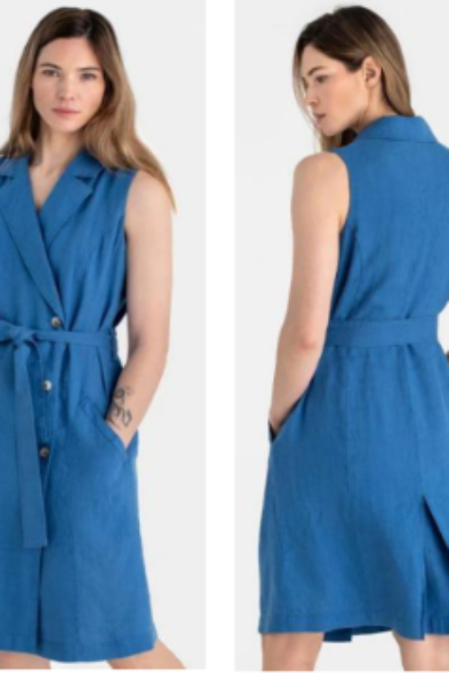Premium 100% Pure Linen Blue Dress | Sleeveless Button Down Midi Dress
