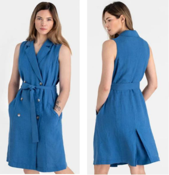 Front and back view of a woman wearing a solid denim blue 100% pure linen sleeveless button-front midi dress with a waist tie belt