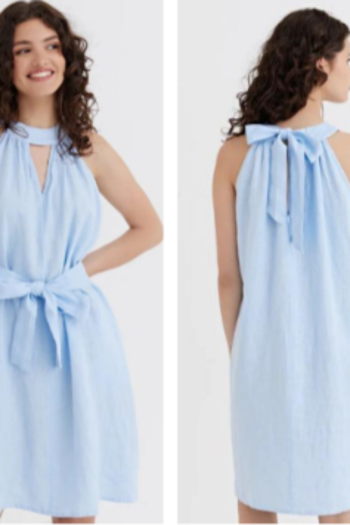Premium 100% Pure Linen Blue Dress | Sleeveless Halter Neck Mini Dress