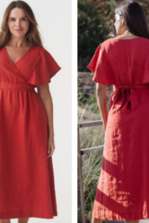 Rust Orange 100% Pure Linen Dress | Flutter Sleeve Wrap Maxi Dress