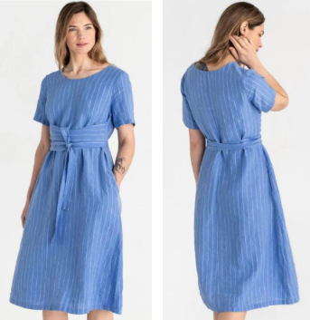 Front and back view of a women's short-sleeve midi dress in cornflower blue, featuring a textured vertical ribbed fabric, a cinched tie-waist band, and a relaxed crewneck collar.