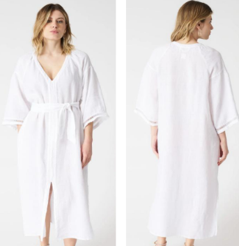 Front and back view of a women's short-sleeve midi dress in cream white, featuring a textured vertical ribbed fabric, a cinched tie-waist band, and a relaxed crewneck collar.