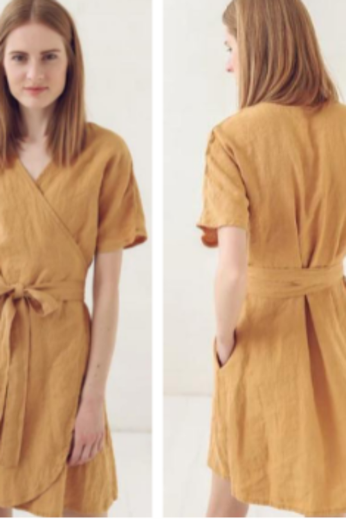 Amaari London Women’s Textured Ribbed Wrap Midi Dress – Camel Brown