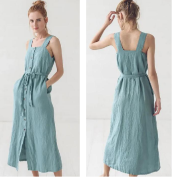 Front and back view of a women's sleeveless midi dress in sage green, featuring a textured vertical ribbed fabric, a button-down front placket, and a cinched tie-waist band.