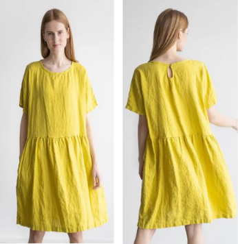 Front and back view of a women's short-sleeve midi dress in pastel yellow, featuring a textured vertical ribbed fabric, a relaxed tiered mock-layer seam, and a keyhole button closure on the upper back.