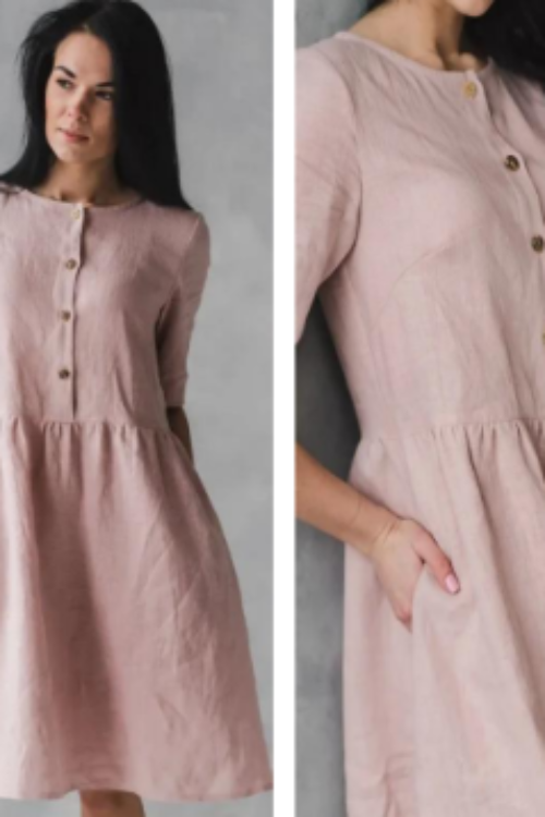 Amaari London Women’s Linen-Look Short-Sleeve Smock Dress – Dusty Rose