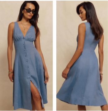 Front and back view of a women's sleeveless midi dress in steel blue, featuring a high-quality textured linen-look fabric, a functional front button-down placket, and an elegant side-slit detail.
