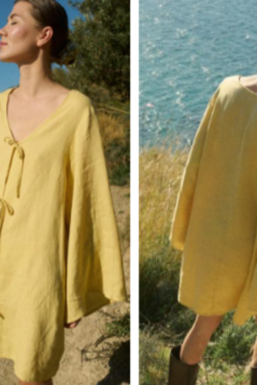Mustard Yellow 100% Pure Linen Dress | Loose Fit Long Sleeve Tunic Dress