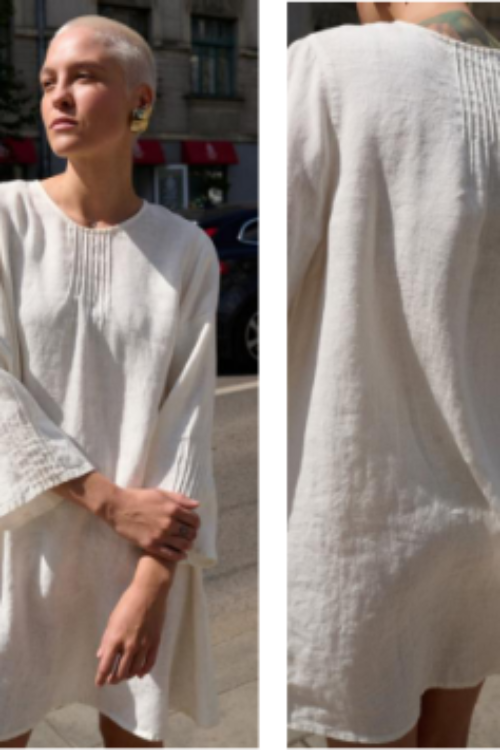 Ivory White 100% Pure Linen Dress | Long Sleeve Pleated Tunic Dress