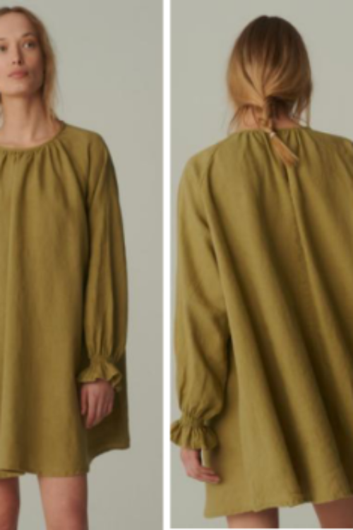 Amaari London Women’s Linen-Look Long-Sleeve Tiered Dress – Moss Green