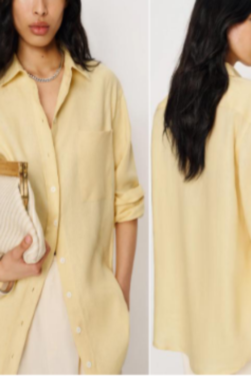 Amaari London Women’s Linen-Look Long-Sleeve Button-Up Shirt Dress – Pastel Yellow