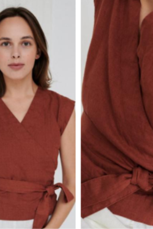 Amaari London Women’s Linen-Look Short-Sleeve Wrap Midi Dress – Terracotta Brown