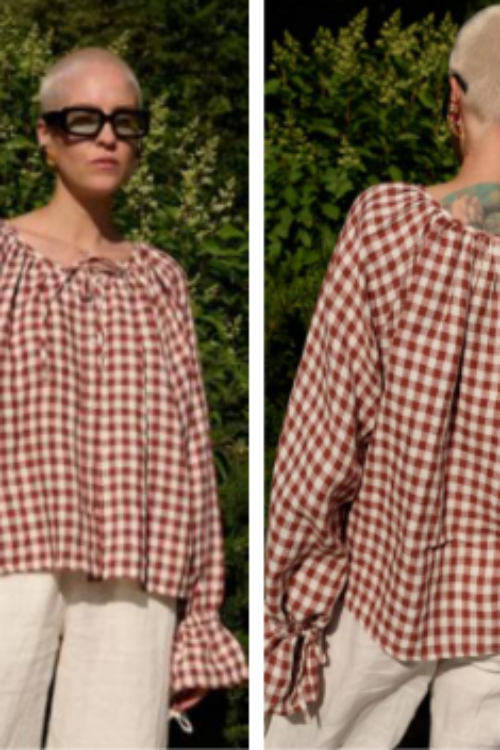 Amaari London Women’s Gingham Plaid Puff-Sleeve Top – Rust Brown