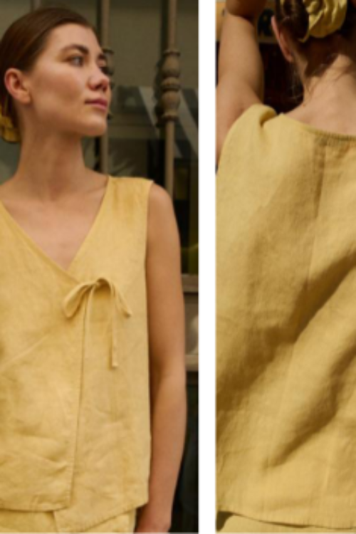 Soft Yellow 100% Pure Linen Top | Sleeveless V-Neck Summer Mini Dress