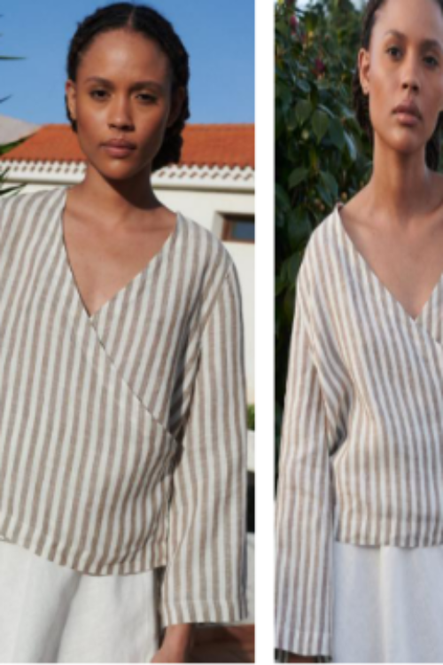 Premium 100% Pure Linen Striped Top | Long Sleeve V-Neck Blouse