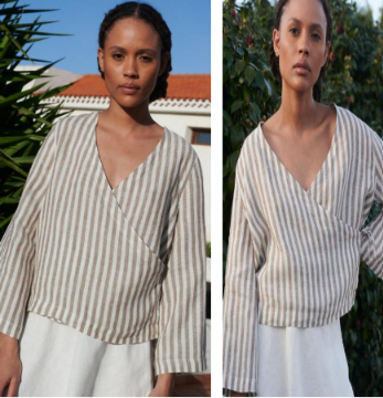 Front and back view of a woman showcasing a neutral beige and dark brown vertically striped 100% pure linen long-sleeve relaxed V-neck top.