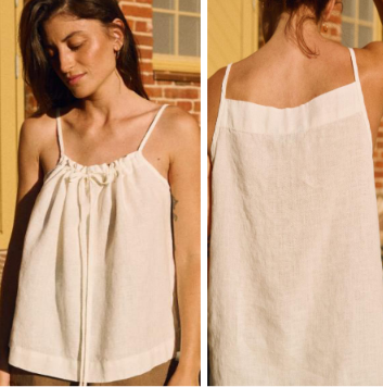 Front and back view of a woman showcasing a solid white 100% pure linen sleeveless square-neck top with thin spaghetti straps and front gathering details